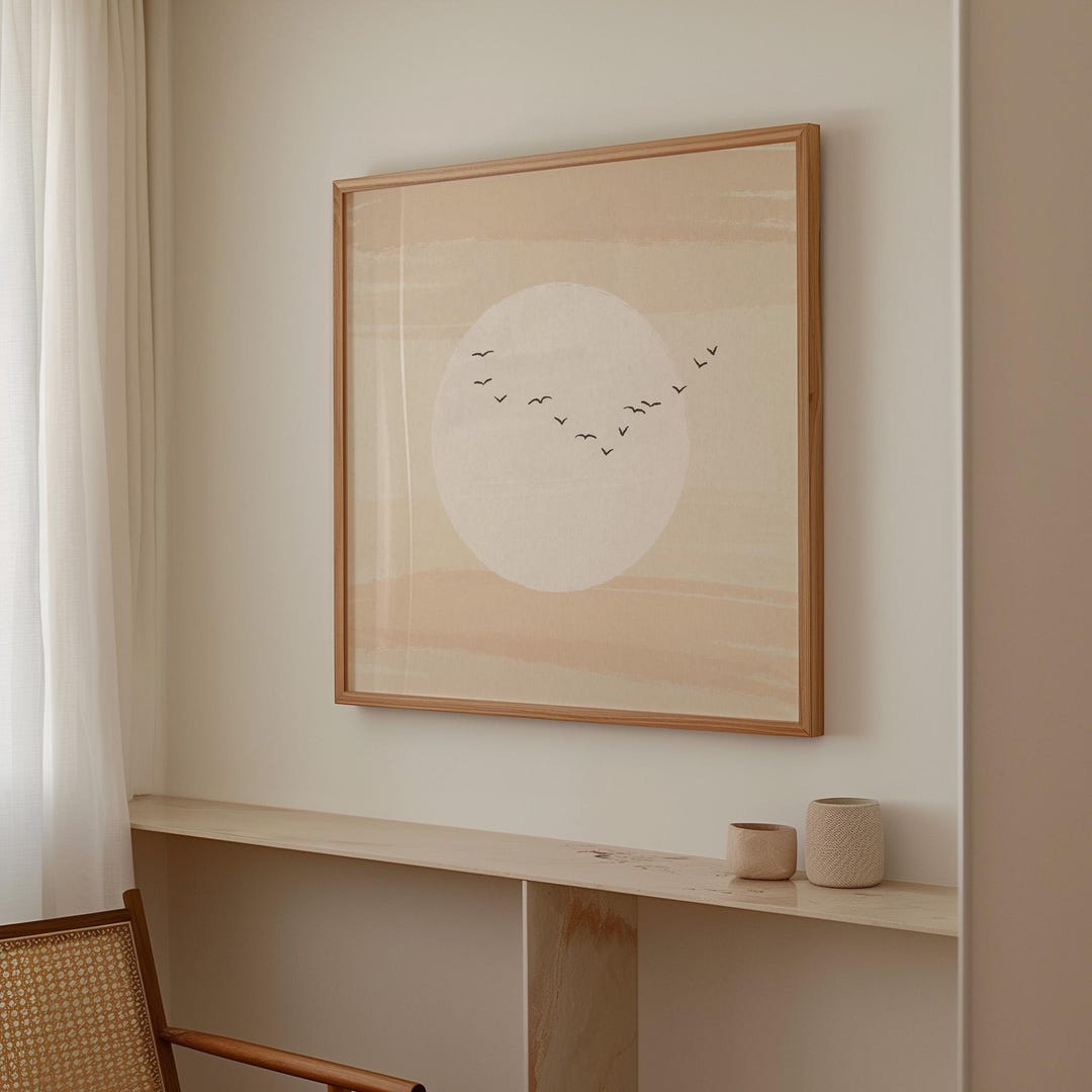 Japandi Wall Art Print Minimalist Moon Poster With Birds Square Wabi ...