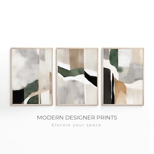 Conjunto de 3 | Arte moderna em parede | Preto, Bege e Verde | Impressão artística | abstrato pôster | Arte de parede neutra | Arte da sala de estar | Arte contemporânea