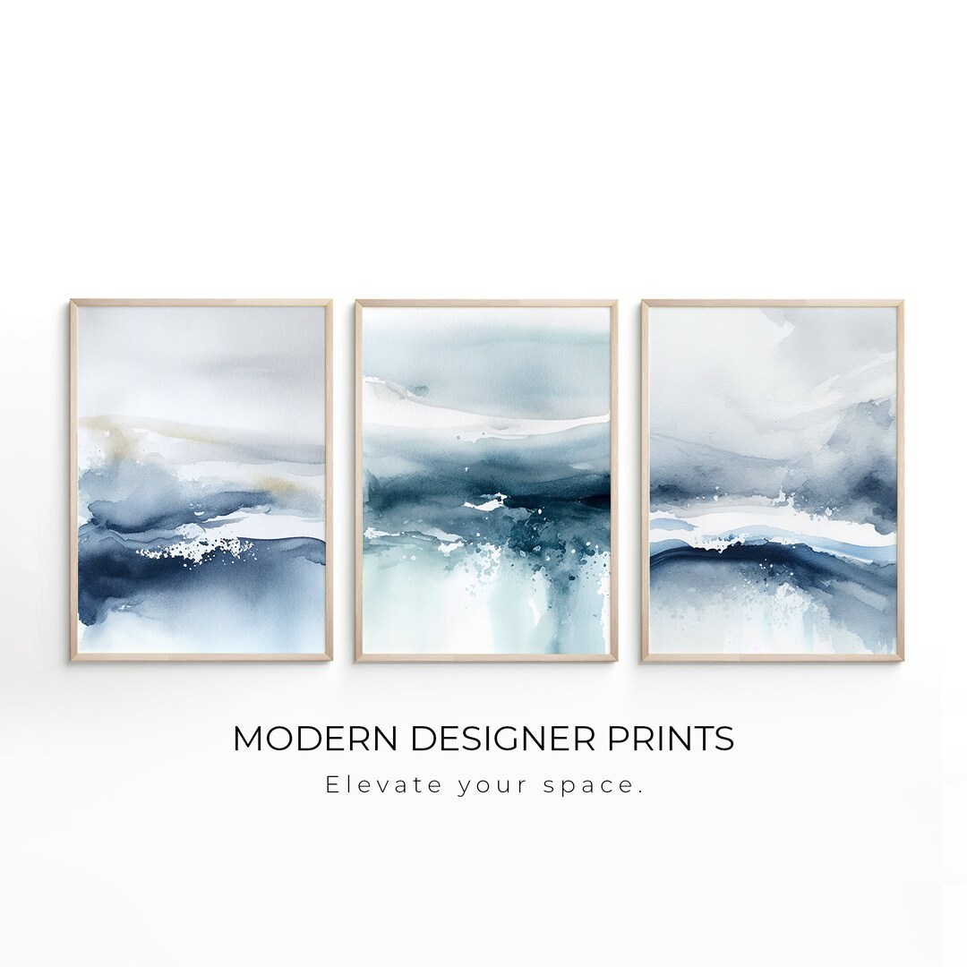 Set of 3 Blue Wall Art Watercolor Prints Navy Blue Blue Abstract Wall