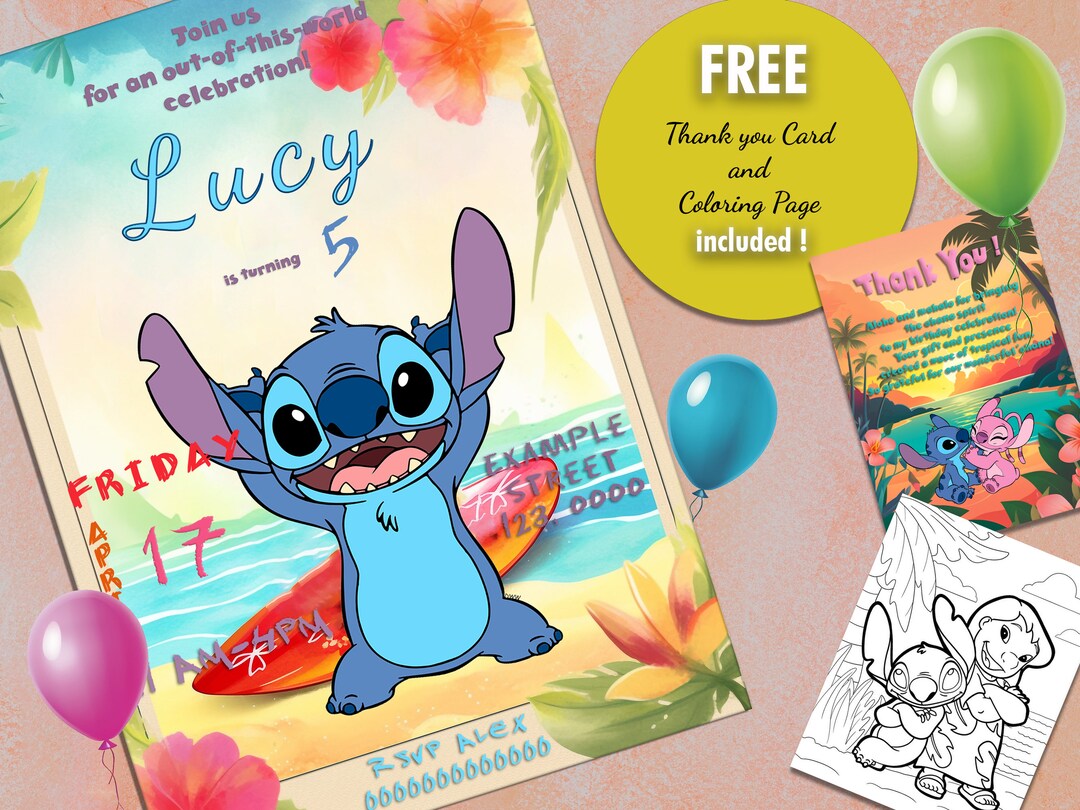 Stitch Birthday Invitation Template FREE Thank You Card &amp; - Etsy