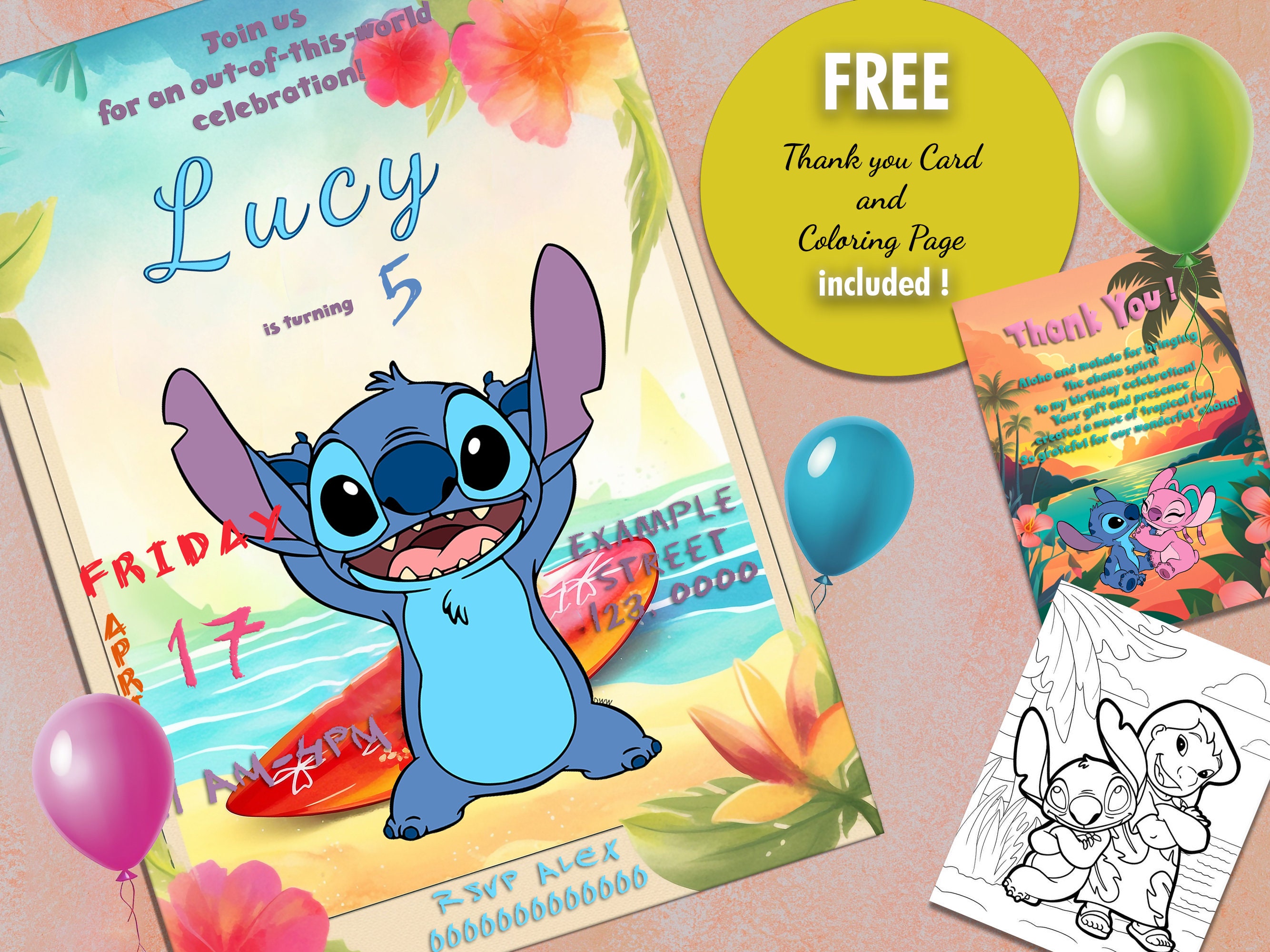 Stitch Birthday Invitation Template, FREE Thank You Card & Coloring Page,  Editable Watercolor Style, Printable Kids Beach Party Invitations 