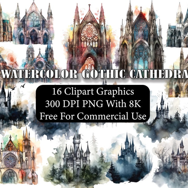 Watercolor Gothic Cathedral Illustration Clipart bundle dark and moody color Printable clipart PNG format instant download - commercial use