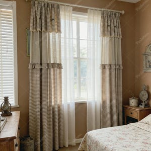 Rideau en patchwork Farmhouse Vichy, rideaux semi-obscurcissants vintage avec cantonnière
