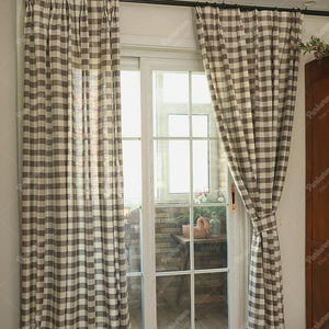 Custom Cotton Linen Plaid Curtains: Beige Gray Checkered Drapes