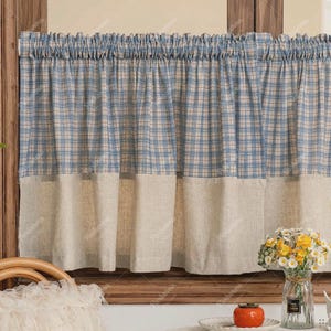 Cortina de cocina a cuadros azules para cafetería: cortina pequeña estilo granja