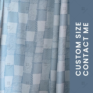 Modern Blue Checkered Curtains with Geometric Patchwork Design, Customizable Drapes for Living Room or Bedroom