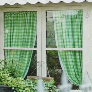 Green Gingham Cotton Curtain, Farmhouse 55-inch Wide Light Filtering Window Panel