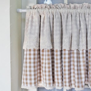 Checkered Valance Curtain,Rustic Short Drape For Small Window,Rod Pocket Embroidered Tier Curtain