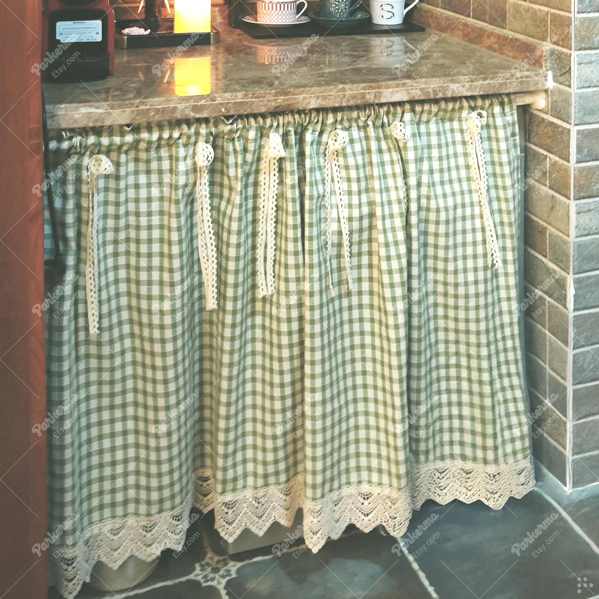 Gingham Kitchen Curtain, Rod Pocket Rustic Cafe Curtain with Lace Trim