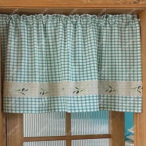 Gingham Kitchen Curtain: Olive Embroidery Valance Curtain