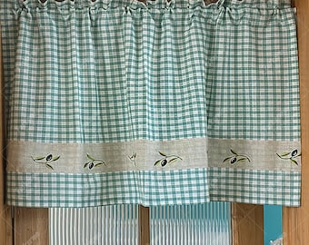 Gingham Kitchen Curtain: Olive Embroidery Valance Curtain