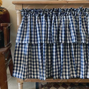 Geruite volantgordijnen,blauwe korte draperie voor keuken,Rod Pocke Small Window Volant