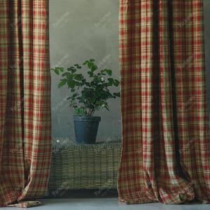 Cortina de linho xadrez, cortina estilo fazenda para sala de estar, painel de janela com amarração na parte superior