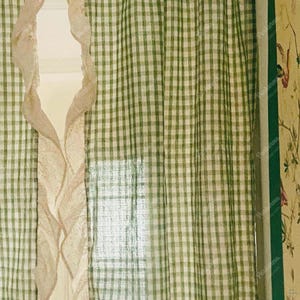 Mint Green Gingham Cafe Curtains: Ruffle Trim Farmhouse Door Curtains (1 Panel)