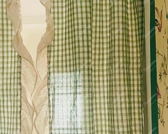 Mintgrüne Gingham Cafe Gardinen: Rüschenborte Landhaus Türvorhang (1 Panel)