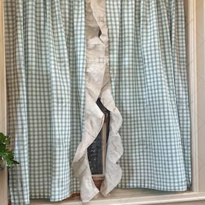 One Pair Rod Pocket Mint Green Checkered Café Curtains, Gingham Door Curtains with Ruffle Trim, Farmhouse Half Curtains