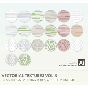 May include: Twenty circular seamless patterns in a variety of designs and colours. The patterns feature geometric shapes, stripes, and textures in shades of white, grey, green, and brown. The text "VECTORIAL TEXTURES VOL 8" and "20 SEAMLESS PATTERNS FOR ADOBE ILLUSTRATOR" are displayed.