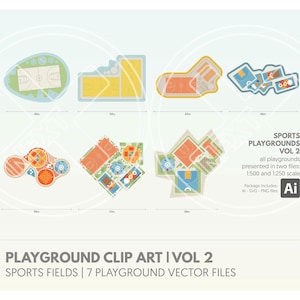 Può includere: Illustrazioni vettoriali di sette progetti di parchi giochi sportivi. I progetti includono campi da basket, campi da calcio e altre aree ricreative. L'immagine include il testo "PLAYGROUND CLIP ART I VOL 2" e "SPORTS PLAYGROUNDS VOL 2".