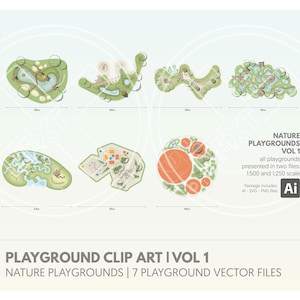 May include: A collection of seven playground designs in a top-down view, rendered in green, brown, and orange. The designs are labeled with measurements and the text "PLAYGROUND CLIP ART I VOL 1" and "NATURE PLAYGROUNDS | 7 PLAYGROUND VECTOR FILES".