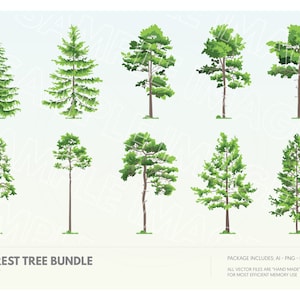May include: A set of ten vector illustrations of different types of forest trees. The trees are all green and have a variety of shapes and sizes. The illustrations are perfect for use in design projects, such as websites, brochures, and social media graphics.