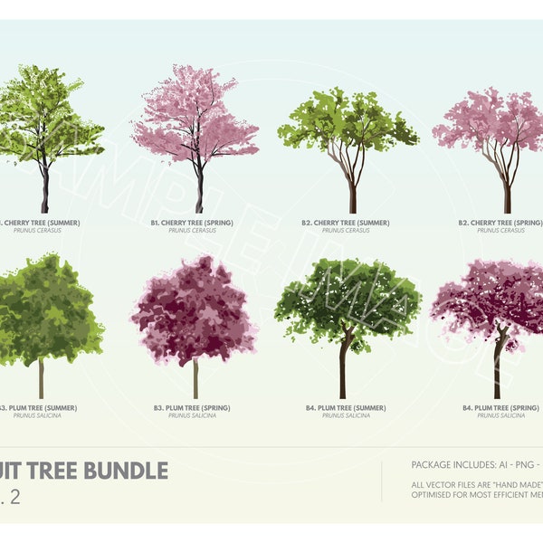Bloeiende boom clipart vectorbundel | Vector uitgesneden bomen PNG, AI, EPS