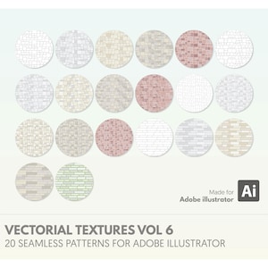 May include: A graphic featuring 20 circular seamless patterns, each with a different brick, stone, or tile texture. The colour palette includes white, grey, beige, and red hues. Text at the bottom reads "VECTORIAL TEXTURES VOL 6" and "20 SEAMLESS PATTERNS FOR ADOBE ILLUSTRATOR."
