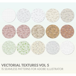 May include: A collection of 15 seamless patterns for Adobe Illustrator, presented as circular swatches. The patterns include brick, stone, and other textures in various colors, such as white, gray, beige, and brown. The text "VECTORIAL TEXTURES VOL 5" is displayed at the bottom.