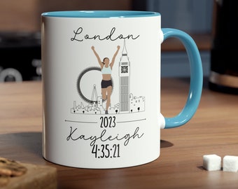 Cadeau personnalisé de fin de marathon de Londres, cadeau de coureur personnalisé, heure d’arrivée, tasse de course marathonien, nom personnalisé, tasse à café Accent, 11 oz