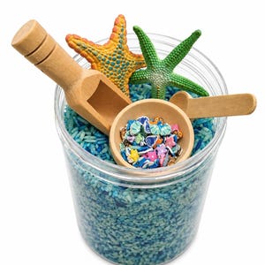 Op de afbeelding: Een doorzichtige plastic container gevuld met blauw gekleurde rijst, met twee houten schepjes, een oranje en gele zeester, een groene zeester en een klein houten kommetje met diverse kleurrijke miniatuur plastic vormen in een zeethema.