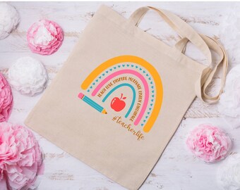 Teacher tote bag, teacher appreciation, boho rainbow design, teachers gift, tote bag, teacher appreciation gift, gift for teacher.