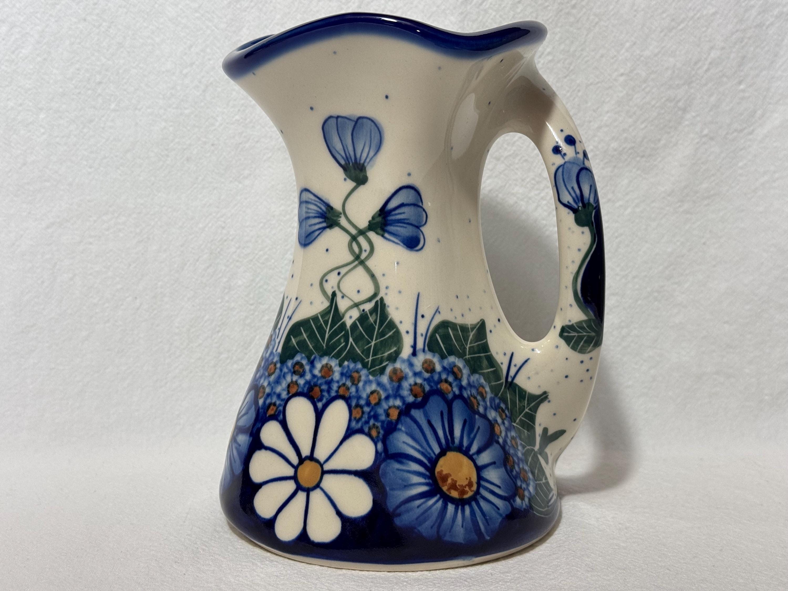 Polish Pottery W.R. Unikat Pitcher Vase Twist Handle, Floral Forget-Me-Not Daisy, 7.5" Tall 6" Wide, Handmade Decorated Signed in Poland