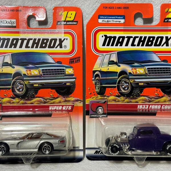 Vintage 1999 Matchbox Great Drives Series Lot of 2, #19 Silver Dodge Viper GTS, #20 Purple 1933 Ford Coupe, 1:64 Die-Cast, New in Box