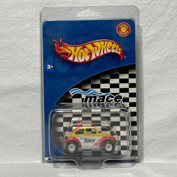 Vintage 2002 Hot Wheels VW Baja Bug Air-Cooled, MACE, Goodyear Rubber Tires, Yellow and Red 1:64 Die-Cast Volkswagen Beetle, Fast Shipping