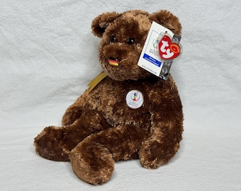 Vintage TY Champion Beanie Buddies Brown Teddy Bear Beanbag Plush Stuffed Animal, FIFA World Cup Soccer Champion Germany Flag Nose, 14" 2002
