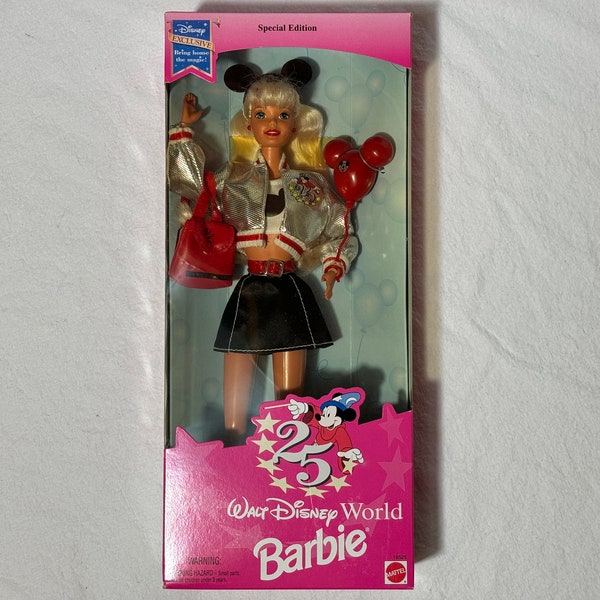 Barbie 25th Anniversary Walt Disney World Doll with Mouse Ears Hat Jacket Red Balloon & Backpack, Vintage 1996, Mattel 16525 Special Edition