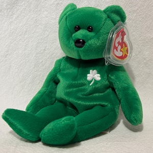 TY Beanie Baby Erin Irish St. Patricks Day Bear PE Pellets Beanbag Plush Stuffed Animal, Retired Vintage 1997, New Mint Condition With Tags