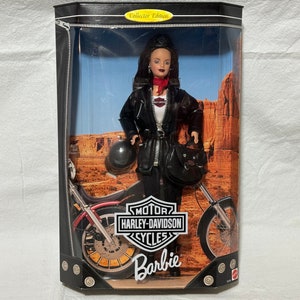 Vintage 1998 Barbie Harley Davidson Collector Edition Mattel 22256 Brunette Fashion Doll Leather Jacket Purse New in Box NRFB Factory Sealed