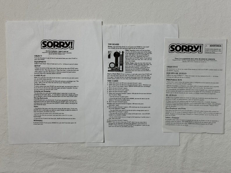 Sorry Instructions.pdf Vintage 1992 Sorry Board Game Slide Pursuit, Pre-owned Complete 16 ...