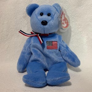 TY Beanie Baby America 9/11 Memorial Red Cross Blue Bear PE Pellets Beanbag Plush Stuffed Animal, Retired Vintage 2001, New Mint With Tags