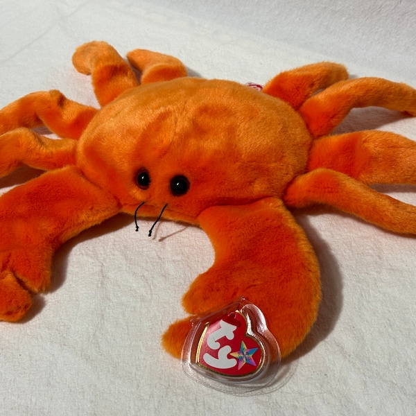 Vintage TY Beanie Buddies Digger the Crab Orange Beanbag Plush Stuffed Animal, 14 Inch, Retired 1999, New Mint Condition With Tags, Heart