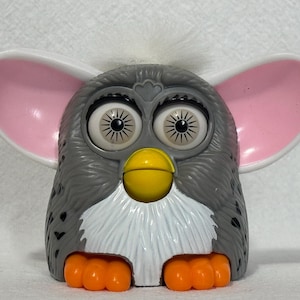 Furby 1998 Plastic McDonald's Happy Meal Toy, 3" Grey with Black Leopard Spots White Mohawk Grey Eyes, Eyes Ears Mouth & Feet Move
