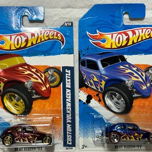 Hot WheelsCustom Volkswagen Beetle Lot of 2 Heat Fleet 99/244 Red / Flames, Blue / Flames 9/10, Die-Cast 1:64 Scale VW Bug, Fast Shipping