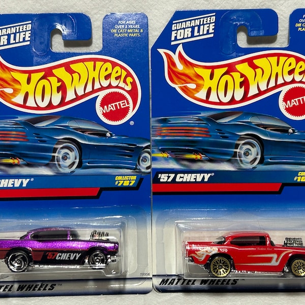 Vintage 1997 Hot Wheels Lot of 2 '57 Chevy, Purple 787, Red 1077, Die-Cast 1:64 Scale 1957 Chevrolet Cars, New in Box, Factory Sealed