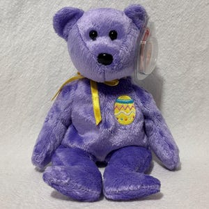 TY Beanie Baby Eggs III Purple Easter Bear PE Pellets Beanbag Plush Stuffed Animal, Retired Vintage 2002, New Mint Condition With Tags Heart
