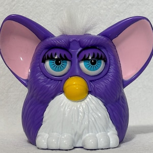 Furby 1998 Plastic McDonald's Happy Meal Toy, 3" Purple with White Belly White Mohawk Blue Eyes, Press Tail Eyelids Flutter, Pre-Owned Very