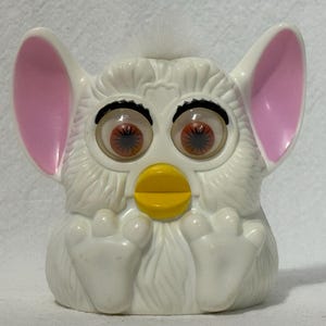 Furby 1998 Plastic McDonald's Happy Meal Toy, 3" White with White Hair Brown Eyes, Shake Squeaks Eyes Move, Pre-Owned Very Good Condition
