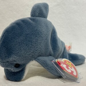 May include: A blue and white plush shark toy with a red and white Ty tag attached. The tag has a star and the words "Ty" and "Beanie Babies".