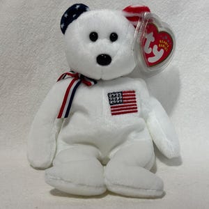 TY Beanie Baby America 9/11 Memorial Red Cross White Bear PE Pellets Beanbag Plush Stuffed Animal, Retired Vintage 2002, New Mint With Tags