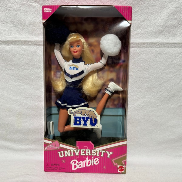 Vintage 1996 Barbie BYU University Cheerleader 11.5Inch Blonde Fashion Doll, Mattel 19152, New in Box NRFB, Factory Sealed, Fast Shipping