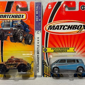 Matchbox Volkswagen Lot of 2, #51 Blue Microbus Van, #74 Brown 4X4 Beetle, 1:64 Scale Die-Cast VW Bug, New in Box, Factory Sealed